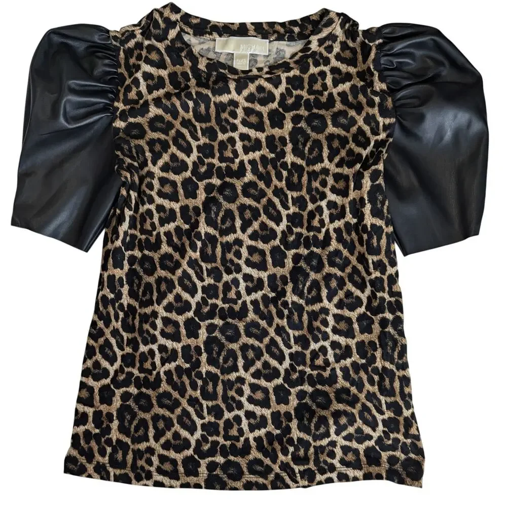 Michael Kors Leopard Print Faux Leather Sleeves Size XS - Picture 13 of 15